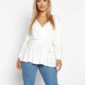Boohoo White Knit Peplum Faux Wrap Top NWT US16